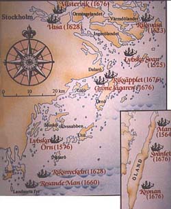 Anders Franz�n's search map for lost ships. Most of them were found.