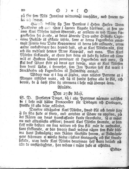 Jönåkers Urtima Härads-Rätts Protocoll och  laga kraft wundne Utslag, af den 2. Juni 1773...